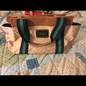 Tan, navy and green purse